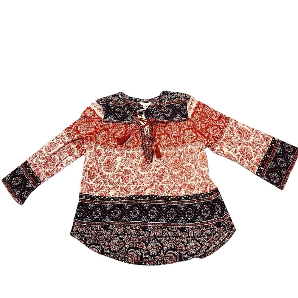 NEW Lucky Brand Lace Up 3/4 Sleeve Peasant Top